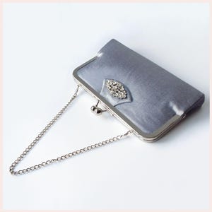 evening clutch, silver wedding purse, grey silk handbag for special occasion