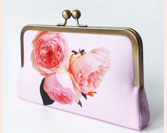 pink floral clutch bag for wedding, evening purse with pink roses, handmade personalised gift for her