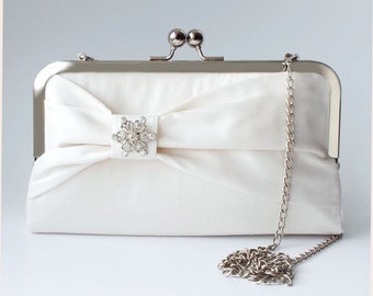 bridal clutch bag with bow, ivory bride purse for wedding day, bride to be handbag with diamante star