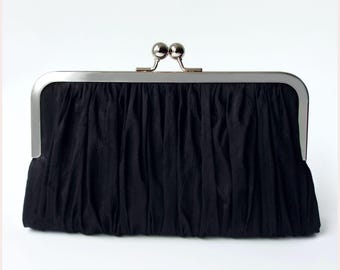 black evening clutch bag, evening purse in ruched silk, personalised gift for special occasion