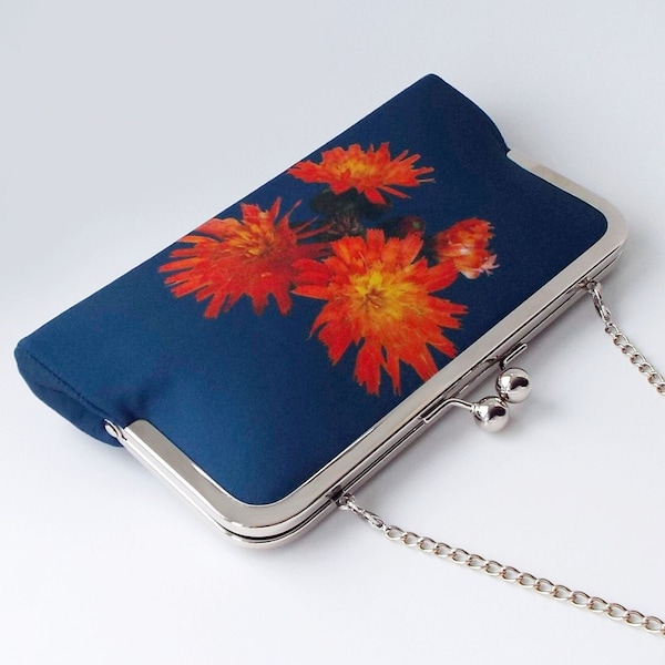 floral clutch bag, navy blue evening bag, orange flower purse, personalised gift for her