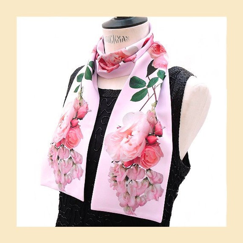 pink scarf, evening scarf with pink roses print for summer wedding, floral neck scarf with botanical print image 3