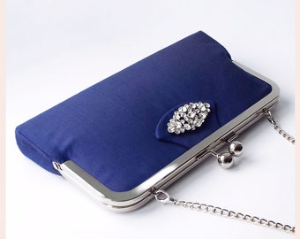 navy blue clutch bag for wedding, Art Deco style silk handbag