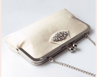Art Deco bridal clutch bag in champagne silk, purse for wedding day, handmade personalised gift for bride