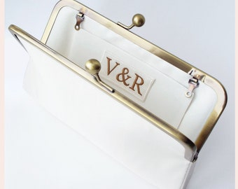 bridal clutch, personalised embroidery monogrammed bag with shoulder chain, ivory silk purse for minimal wedding