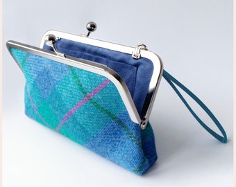 blue tartan clutch bag, evening purse, Harris Tweed handbag for Scottish wedding