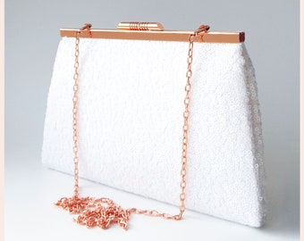 rose gold bridal clutch, white sequin purse for wedding day, personalised gift for Bride