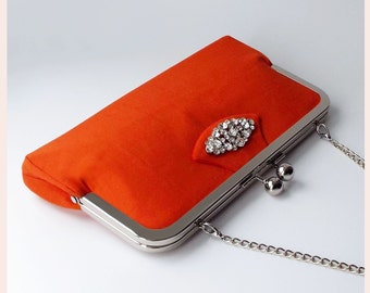 orange evening clutch, bag for wedding, purse with sparkly crystal diamante, personalised gift for her