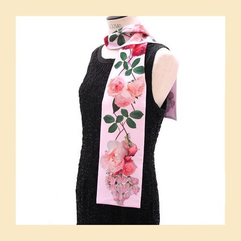 pink scarf, evening scarf with pink roses print for summer wedding, floral neck scarf with botanical print image 5