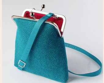 crossbody bag, teal and turquoise Harris Tweed messenger bag in blue and green wool herringbone