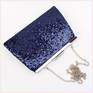 evening clutch, navy blue sequin mini bag with chain or wristlet, sparkly purse, personalised gift for her