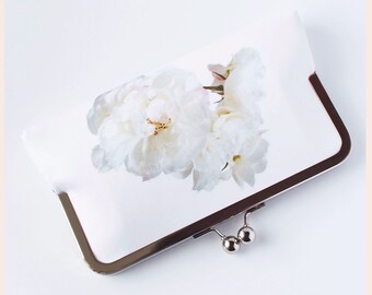 floral clutch bag with white roses print, clutch purse for summer wedding, handmade gift for her