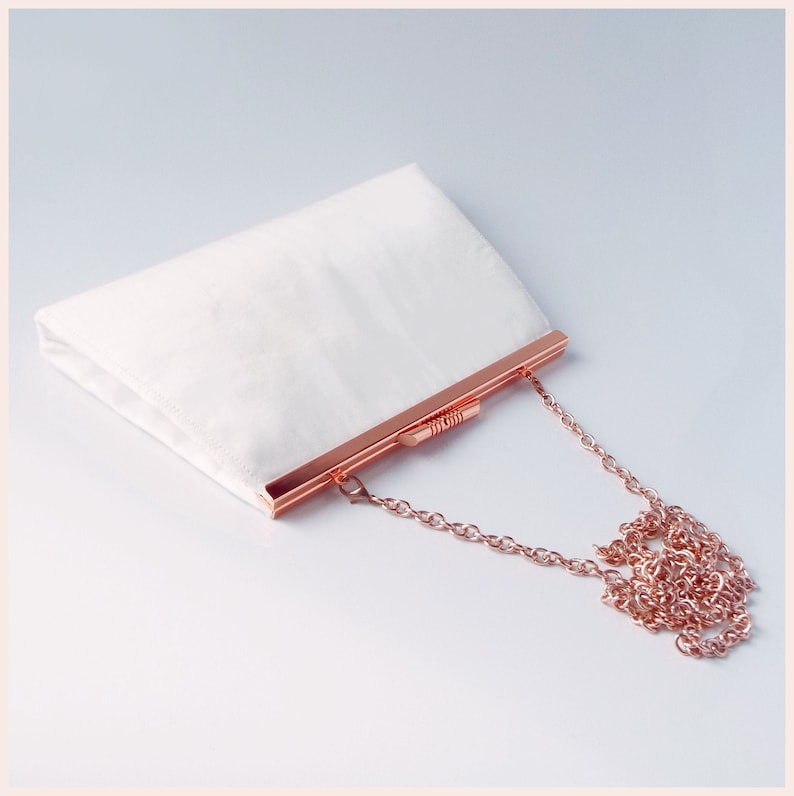 rose gold bridal clutch, ivory wedding day purse, small silk bag with chain, personalised gift for the bride image 4