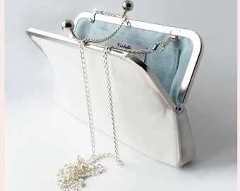 bridal clutch bag with chain or wristlet, ivory purse for the bride, something blue for wedding day