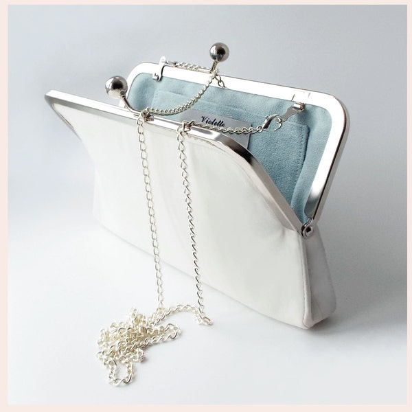 bridal clutch bag with chain or wristlet, ivory purse for the bride, something blue for wedding day