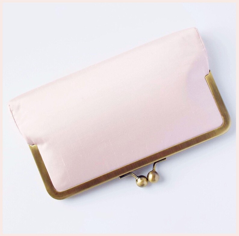pale pink wedding clutch bag with Antique Brass tone kisslock frame