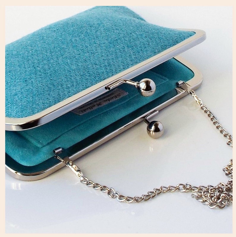 teal green clutch, Harris Tweed bag, personalised gift for her, handmade wool purse image 6