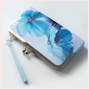 floral clutch bag, pale blue wedding purse with blue poppies, personalised gift for Summer wedding