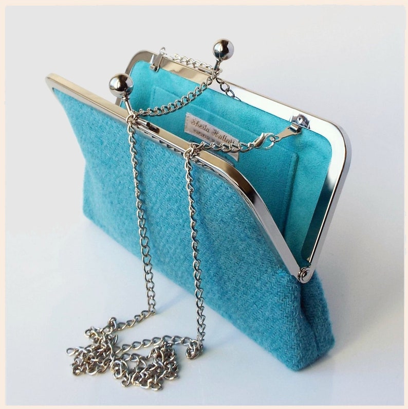 teal green clutch, Harris Tweed bag, personalised gift for her, handmade wool purse bag & shoulder chain