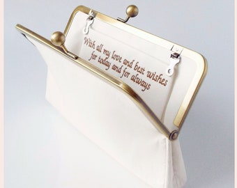 gepersonaliseerde clutch tas, ivoor, marineblauw, roze of champagne zijde op maat gemaakte tas met speciale boodschap