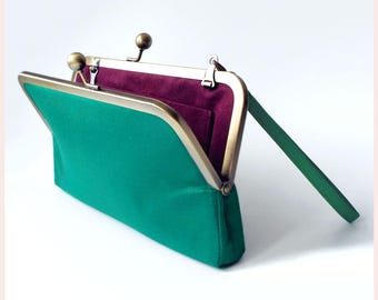 green clutch bag, evening bag, emerald green silk purse with chain