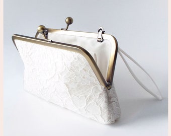 lace bridal clutch bag, ivory wedding purse, personalised classic wedding gift for the bride