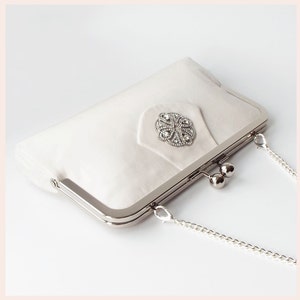 bridal clutch, wedding purse, greige silk evening bag with diamante trim image 1