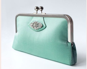 Clutch bag for wedding, mint green Art Deco style purse with crystal diamante embellishment, personalised gift