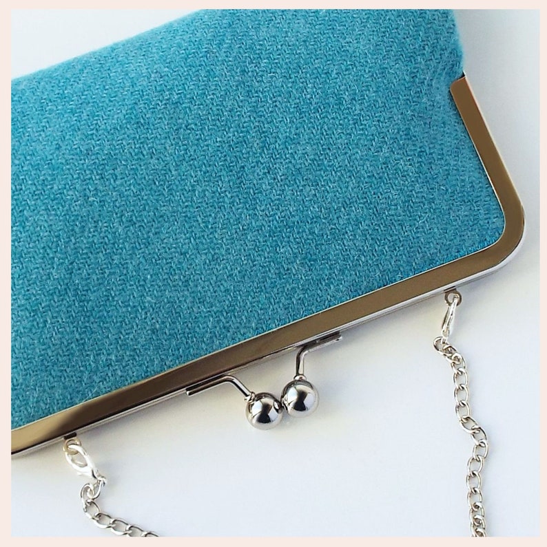 teal green clutch, Harris Tweed bag, personalised gift for her, handmade wool purse bag & chain handle