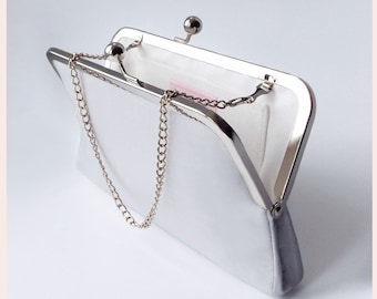 bridal clutch, silver wedding purse with chain handle, personalised gift for wedding day