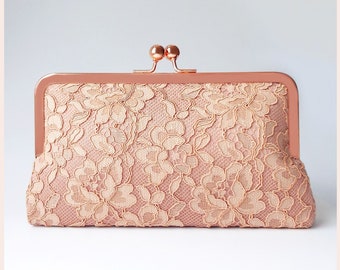 rose gold bridal clutch, wedding purse in dusky rose lace for wedding day, evening bag