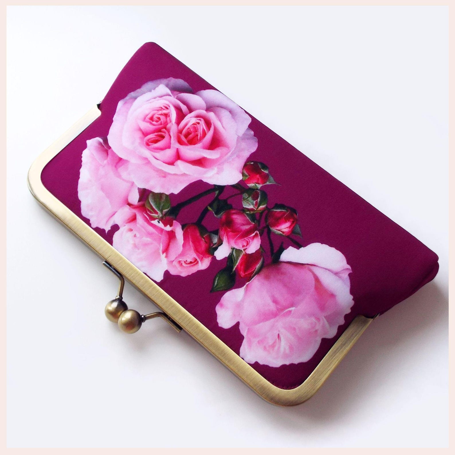 Magenta Clutch Bag, Wedding Guest Clutch With Pink Roses or Peony Print Magenta Clutch Bag, Wedding Guest Clutch With Pink Roses or Peony Print