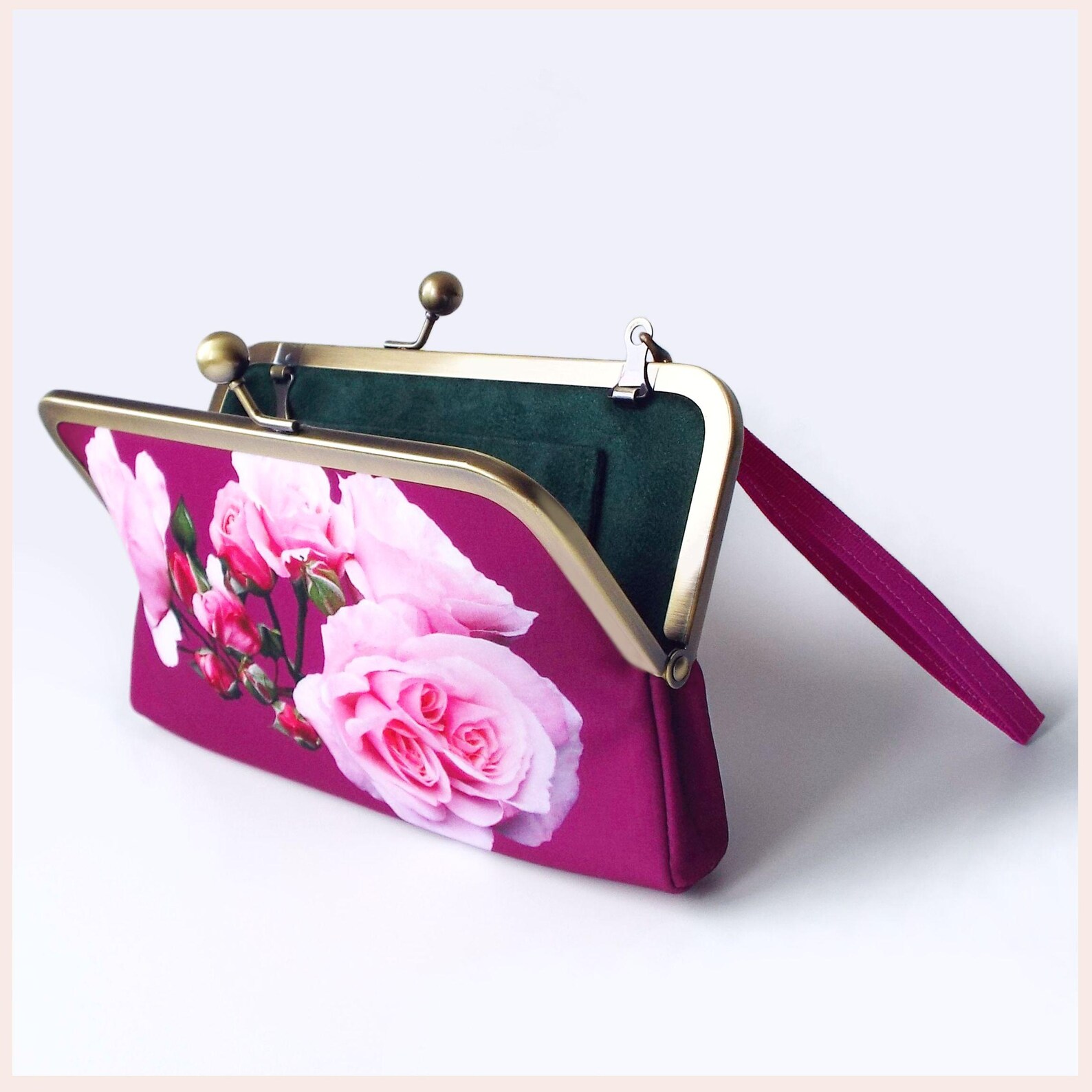 Magenta Clutch Bag, Wedding Guest Clutch With Pink Roses or Peony Print Magenta Clutch Bag, Wedding Guest Clutch With Pink Roses or Peony Print
