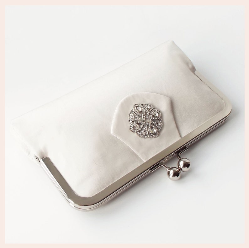 bridal clutch, wedding purse, greige silk evening bag with diamante trim clutch bag alone