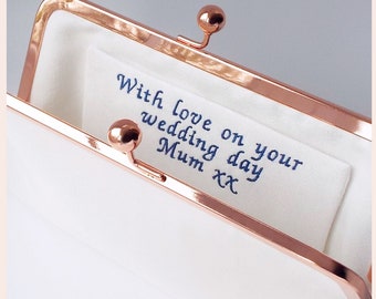 personalised bridal clutch, rose gold wedding purse, gift for bride with special message