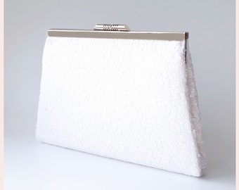 white bridal clutch, evening bag, wedding day purse, small sequin bag with chain for Bride