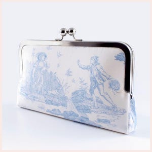 bridal clutch bag, wedding purse, something blue bag in toile de jouy, gift for bride