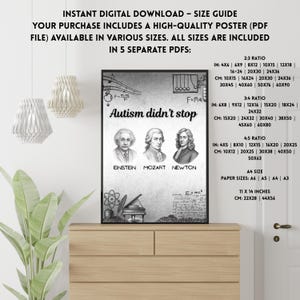 May include: A digital poster featuring portraits of Einstein, Mozart, and Newton with the text 'Autism didn't stop' and scientific illustrations. The text lists various print sizes in inches and centimeters, including 11 x 14 inches.