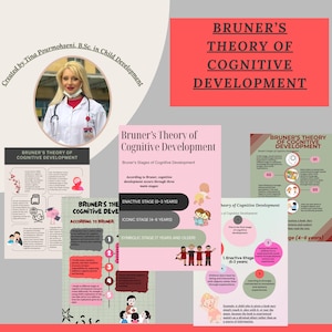 May include: A graphic educational poster on Bruner's Theory of Cognitive Development, featuring text and illustrations. The poster includes information on the Enactive, Iconic, and Symbolic stages of cognitive development, with a photo of the creator.
