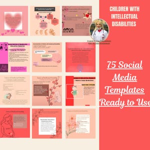 May include: A collection of 75 social media templates on a red background, focusing on children with intellectual disabilities. The templates include infographics with text and illustrations, covering topics like causes and characteristics.