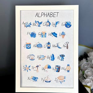 May include: A framed educational alphabet poster featuring watercolor illustrations in shades of blue. Each letter from A to Z is paired with a corresponding object, such as an airplane, bird, clock, dolphin, earth, flower, gift, hat, ice cream, and more.