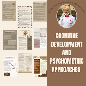 Könnte beinhalten: Eine Collage aus Lehrmaterialien zur kognitiven Entwicklung und psychometrischen Ansätzen. Das Design zeigt einen braunen Hintergrund mit weißem Text und Illustrationen. Das Bild enthält ein Porträt einer Frau und den Text "Created by Tina Pourmohseni, B.Sc. in Child Development."