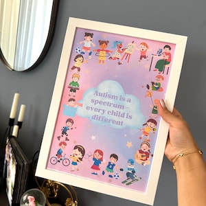 Puede incluir: Una impresión artística enmarcada en blanco con un fondo degradado en rosa y morado pastel con estrellas dispersas. En el centro, una nube azul claro muestra el texto "Autism is a spectrum – every child is different", rodeado de ilustraciones de niños realizando diversas actividades como deportes, arte y juegos.