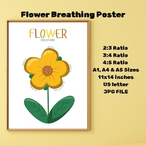 Könnte beinhalten: Ein Flower Breathing Poster mit einer gelben Blumenillustration und Anweisungen zum Einatmen, Halten und Ausatmen. Der Text enthält 2:3, 3:4, 4:5 Verhältnisse, A1, A4, A5 Größen, 11x14 Zoll, US Letter und JPG-Dateispezifikationen.