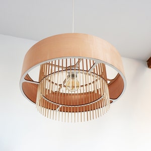 Lasercut wooden pendant lamp ASTEROPE pearwood veneer, chandelier image 1