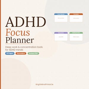 Könnte beinhalten: ADHS-Fokusplaner mit Text: "Tools für tiefes Arbeiten und Konzentration für ADHS-Gehirne." Enthält Abschnitte für Fokus-Session, Pomodoro, Ablenkung und Wochenrückblick. Mit den Labels "10 Seiten", "Pomodoro" und "Sofort-PDF".