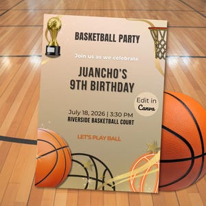Può includere: Invito a una festa di basket con un pallone e un trofeo. L'invito recita "Festa di basket" e "9° compleanno di Juancho" con data e ora. Sono incluse anche le parole "Giochiamo a palla".