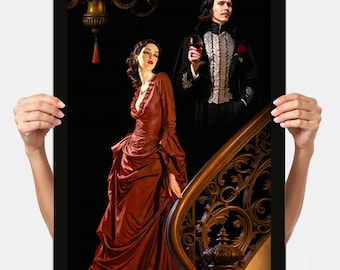 Lámina vintage de Drácula y Mina: arte de pared de terror gótico de estilo art déco