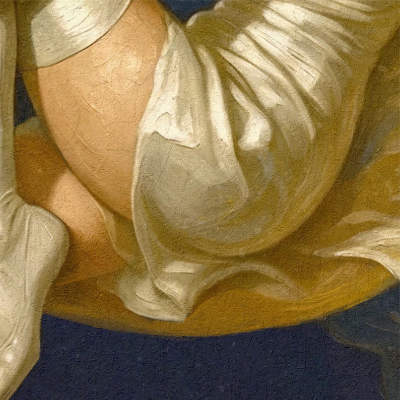 Puede incluir: Fragmento de pintura al &oacute;leo que representa una figura con una prenda blanca fluida. La obra de arte tiene una paleta de colores c&aacute;lidos con tonos beige, dorado y un fondo azul oscuro. El estilo sugiere arte cl&aacute;sico.