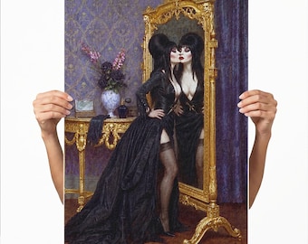May include: A rectangular art print depicting a person with long black hair in a high bouffant style, wearing a black gown with a high slit and stockings, standing before an ornate gold floor mirror in a room with purple wallpaper and a gold table.